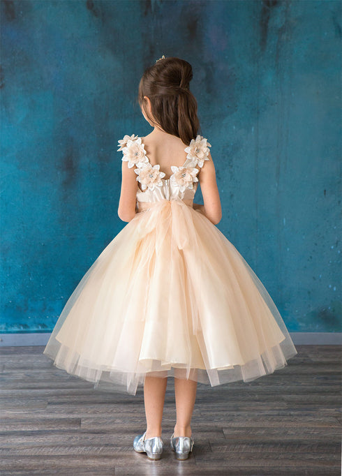 Little Girls Champagne Beaded Flower Appliques Tulle Flower Girl Dress 2-6 - SophiasStyle.com